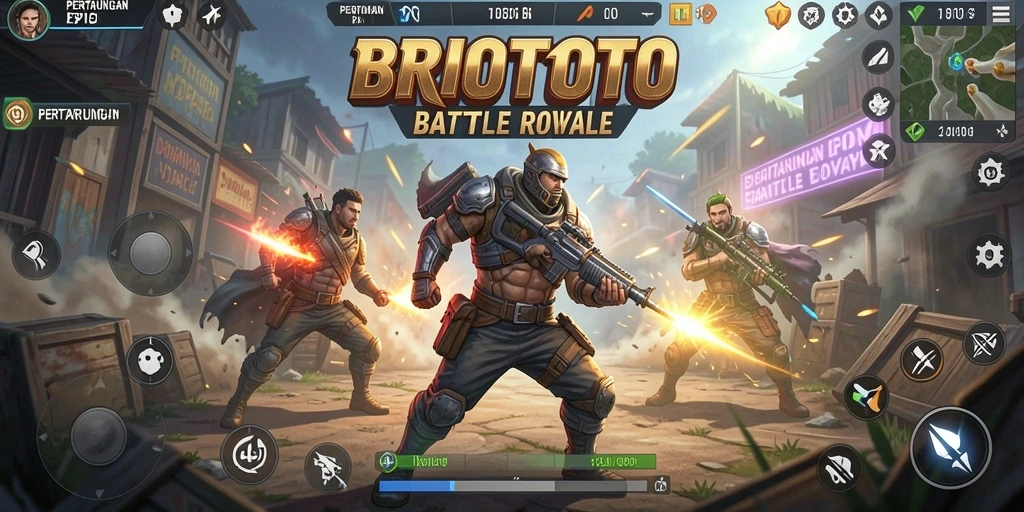 Tangkapan layar BRIOTOTO menampilkan aksi pertempuran seru dalam Battle Royale.