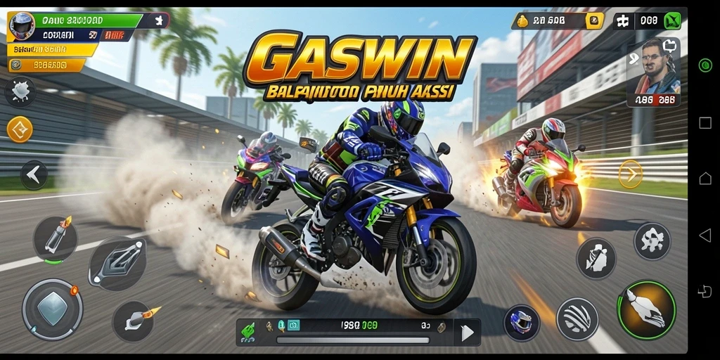 Screenshot utama GASWIN menampilkan momen balapan seru dengan grafis memukau.