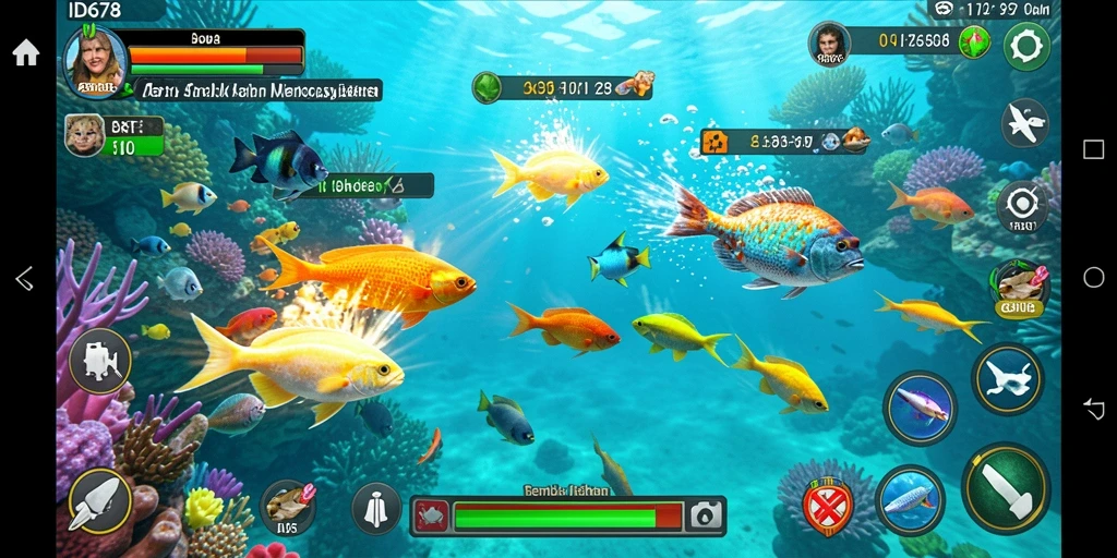 Tampilan gameplay seru dari ID678 dengan ikan-ikan berwarna-warni.