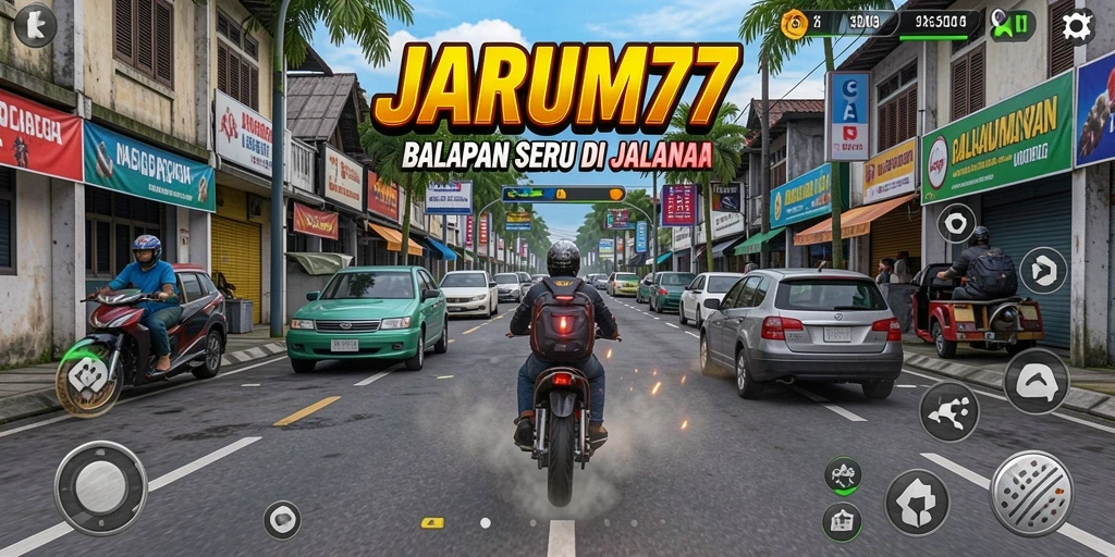 Screenshot JARUM77 menunjukkan balapan seru di trek berdesain menakjubkan.