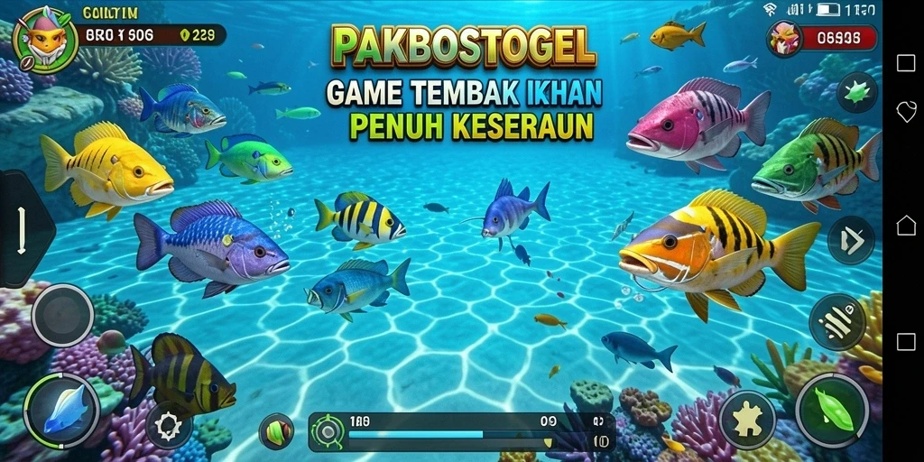 Screenshot dari gameplay PAKBOSTOGEL yang menampilkan aksi tembak ikan.
