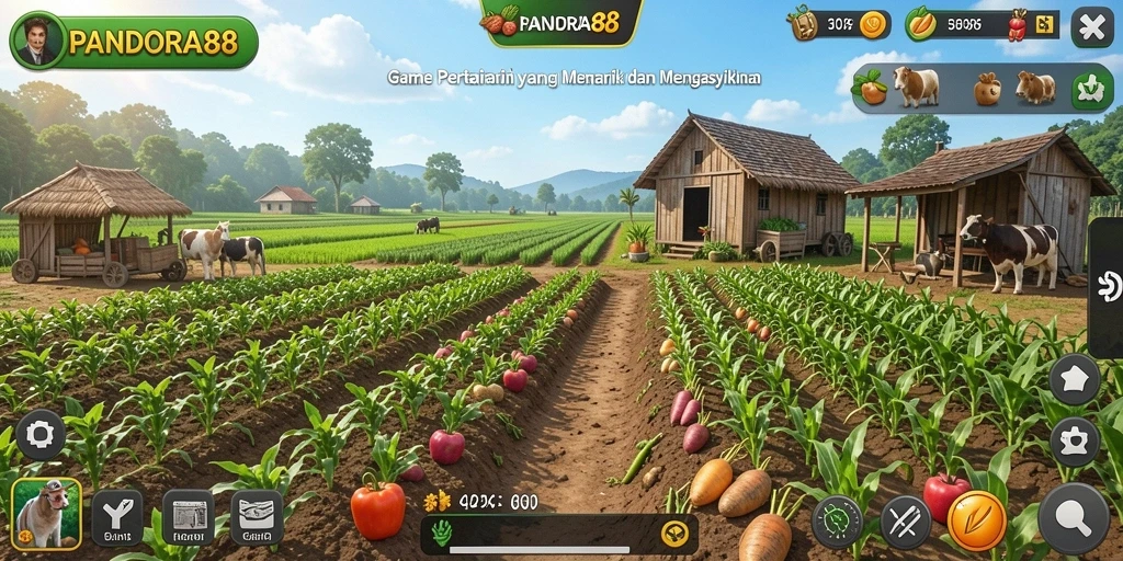 Tampilan gameplay menarik di <strong>PANDORA88</strong> dengan lahan pertanian yang subur.