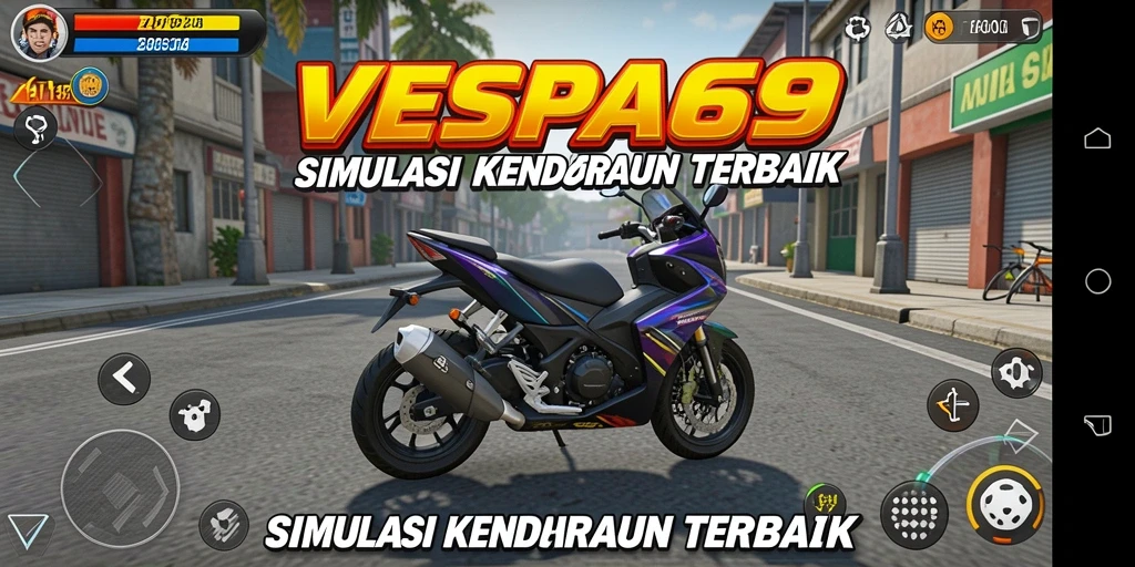 Tangkapan layar utama VESPA69 menampilkan gameplay simulasi berkendara Vespa yang seru.